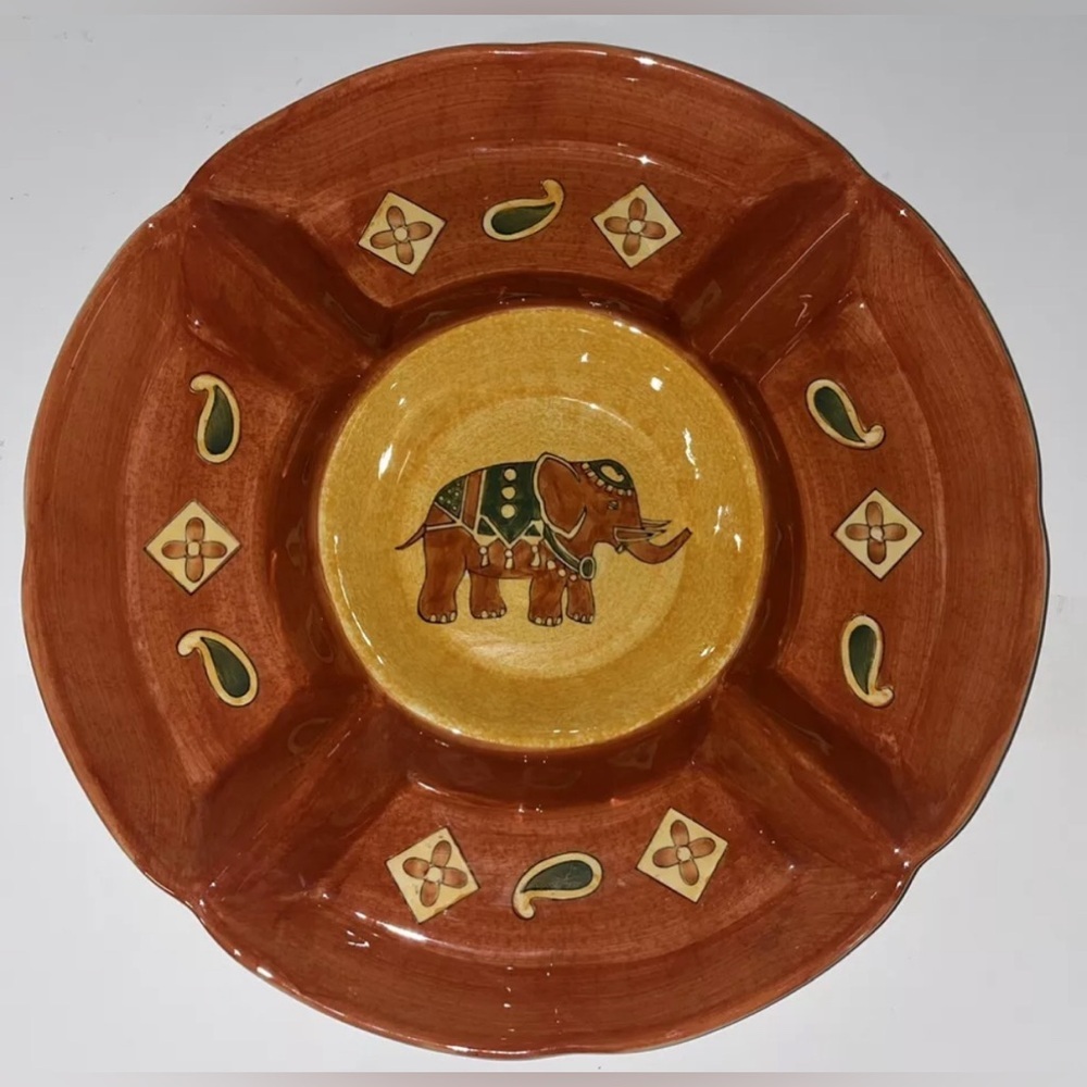 Pier 1 Chip & Dip Serving Platter Bowl Terracotta Batik Elephant 13" Veggies EUC